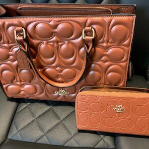 Coach Inspired Embossed Tote Bag + Matching Wallet Set – Brown (Not Authentic)